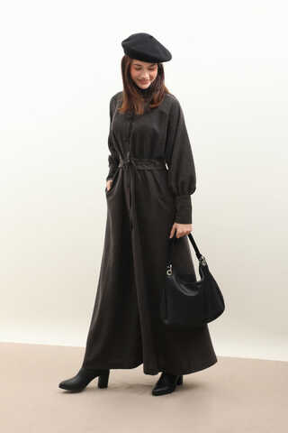 Dokulu Vintage Elbise Antrasit - 4