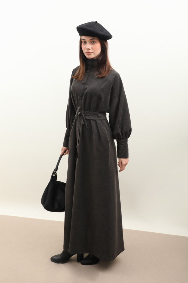 Dokulu Vintage Elbise Antrasit - 5