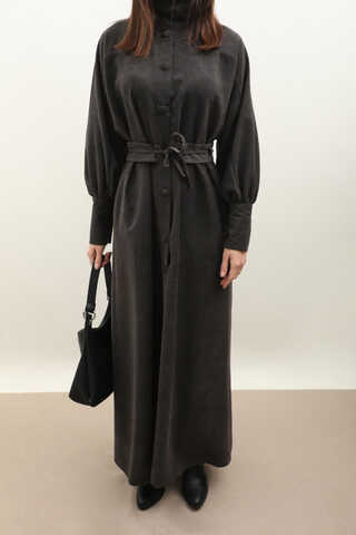 Dokulu Vintage Elbise Antrasit - 6