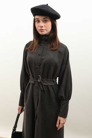 Dokulu Vintage Elbise Antrasit - 7