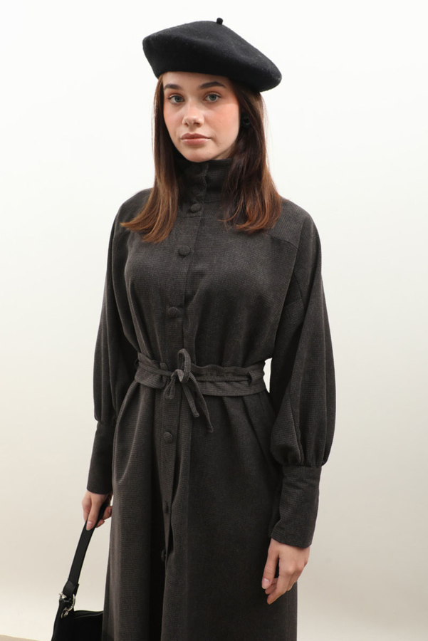 Dokulu Vintage Elbise Antrasit - 7