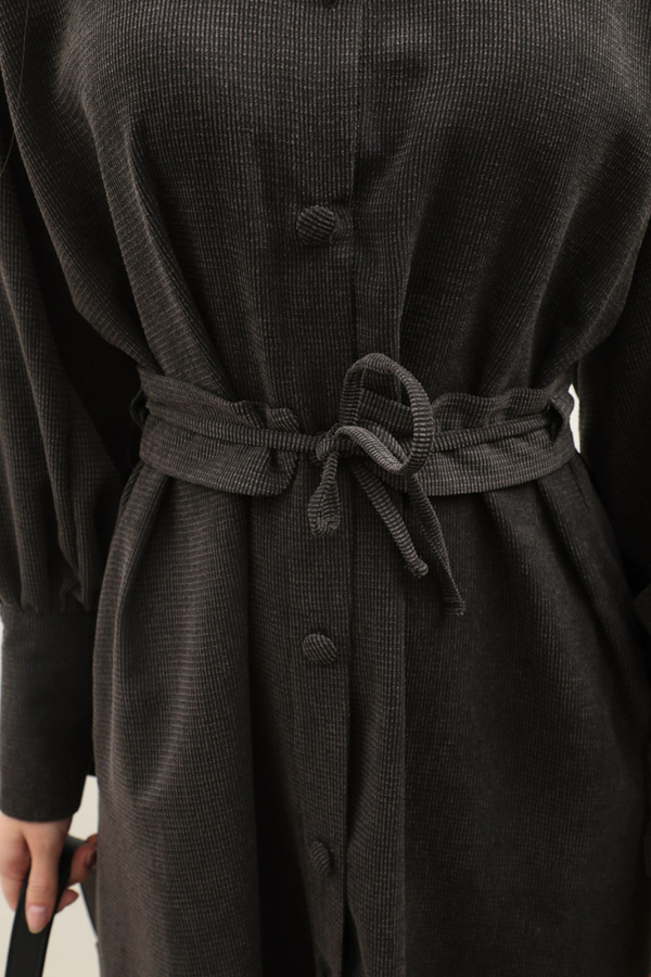 Dokulu Vintage Elbise Antrasit - 9