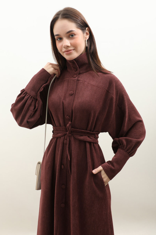 Dokulu Vintage Elbise Bordo - 3