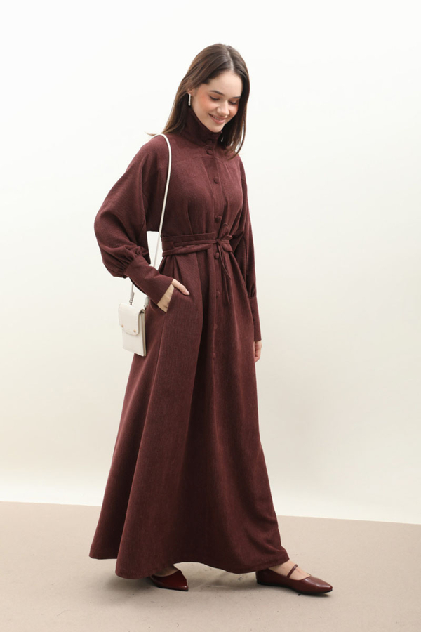 Dokulu Vintage Elbise Bordo - 9