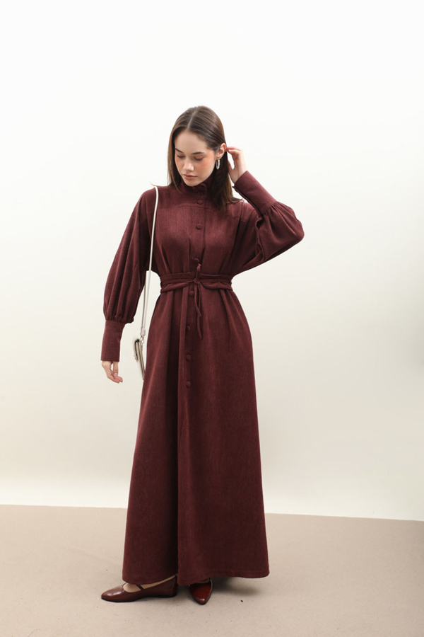 Dokulu Vintage Elbise Bordo - 10