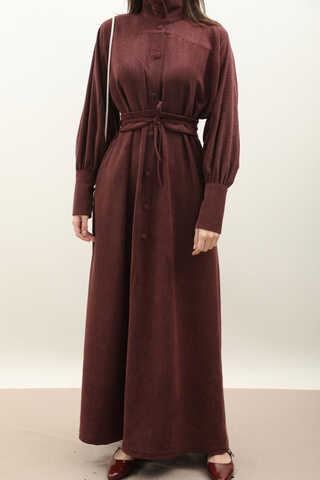 Dokulu Vintage Elbise Bordo - 11