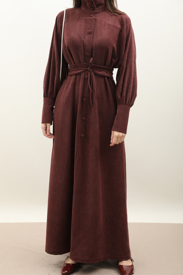 Dokulu Vintage Elbise Bordo - 11