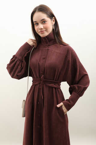 Dokulu Vintage Elbise Bordo - 3