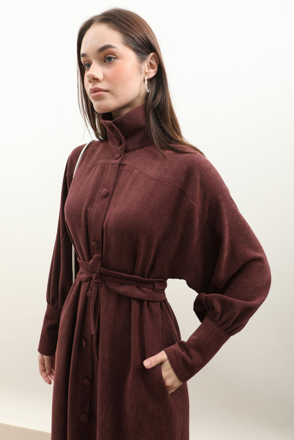 Dokulu Vintage Elbise Bordo - 4