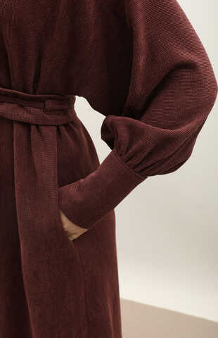 Dokulu Vintage Elbise Bordo - 5