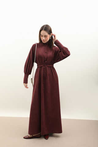 Dokulu Vintage Elbise Bordo - 10