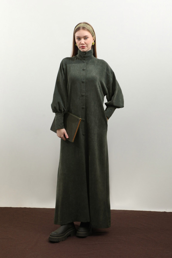 Dokulu Vintage Elbise Koyu Yeşil - 2