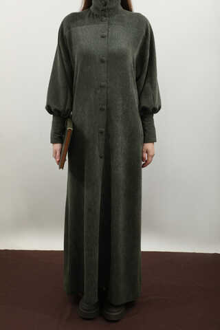 Dokulu Vintage Elbise Koyu Yeşil - 3