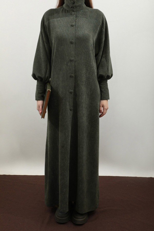 Dokulu Vintage Elbise Koyu Yeşil - 3