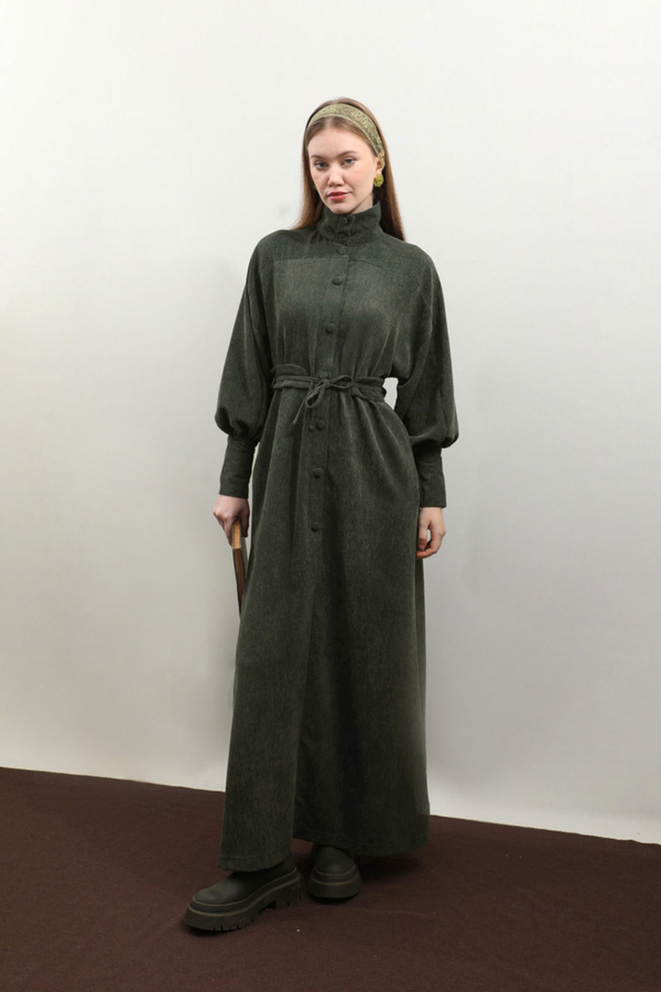 Dokulu Vintage Elbise Koyu Yeşil - 1