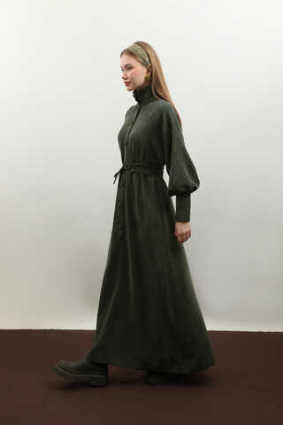 Dokulu Vintage Elbise Koyu Yeşil - 4