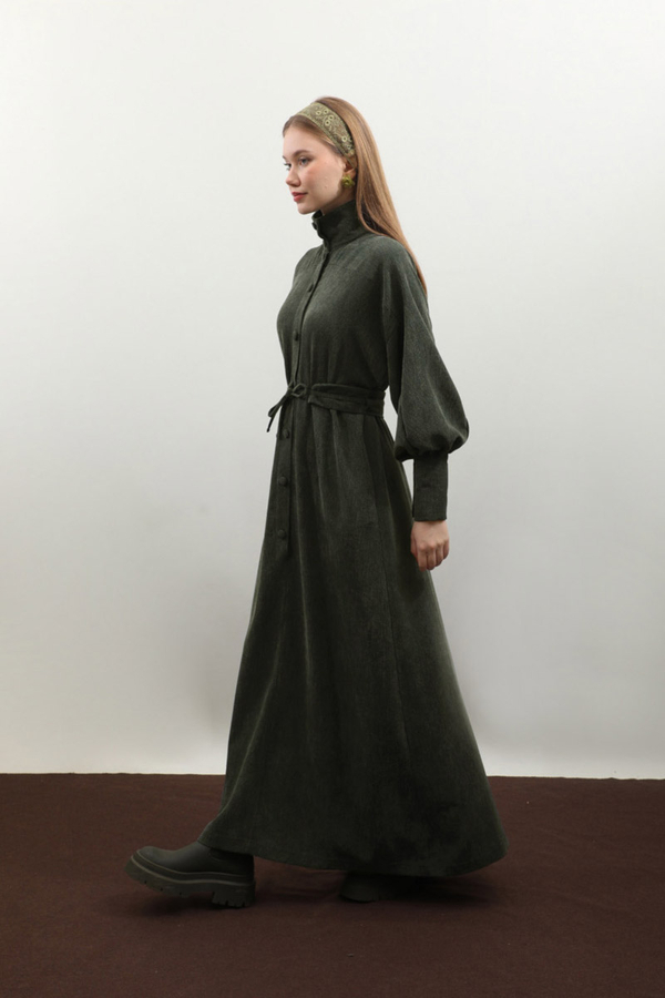 Dokulu Vintage Elbise Koyu Yeşil - 4