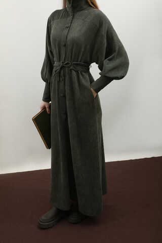 Dokulu Vintage Elbise Koyu Yeşil - 5