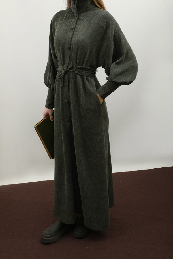 Dokulu Vintage Elbise Koyu Yeşil - 5