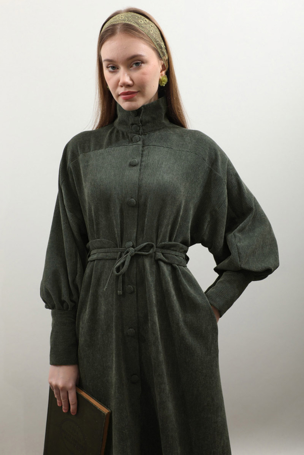 Dokulu Vintage Elbise Koyu Yeşil - 6