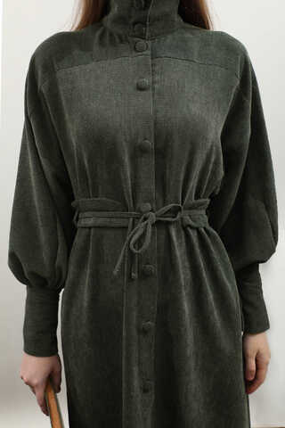 Dokulu Vintage Elbise Koyu Yeşil - 7