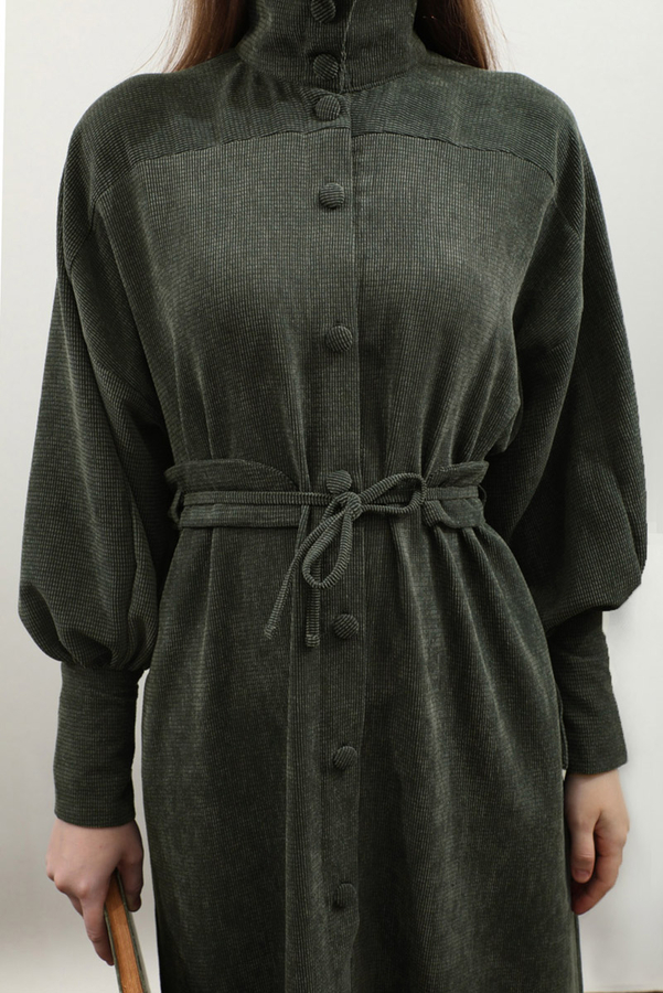 Dokulu Vintage Elbise Koyu Yeşil - 7