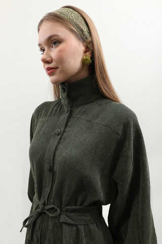 Dokulu Vintage Elbise Koyu Yeşil - 8