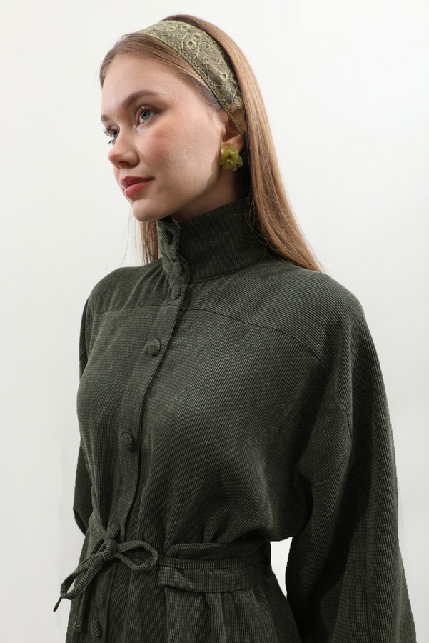 Dokulu Vintage Elbise Koyu Yeşil - 8