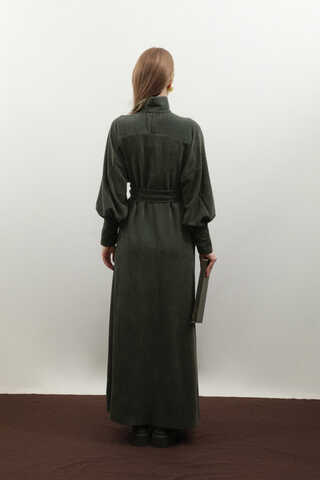 Dokulu Vintage Elbise Koyu Yeşil - 9