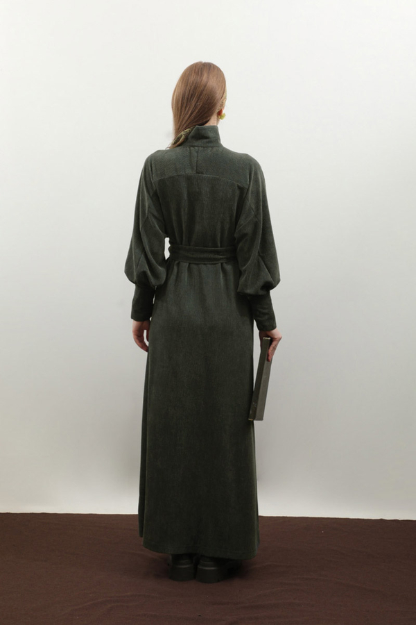 Dokulu Vintage Elbise Koyu Yeşil - 9