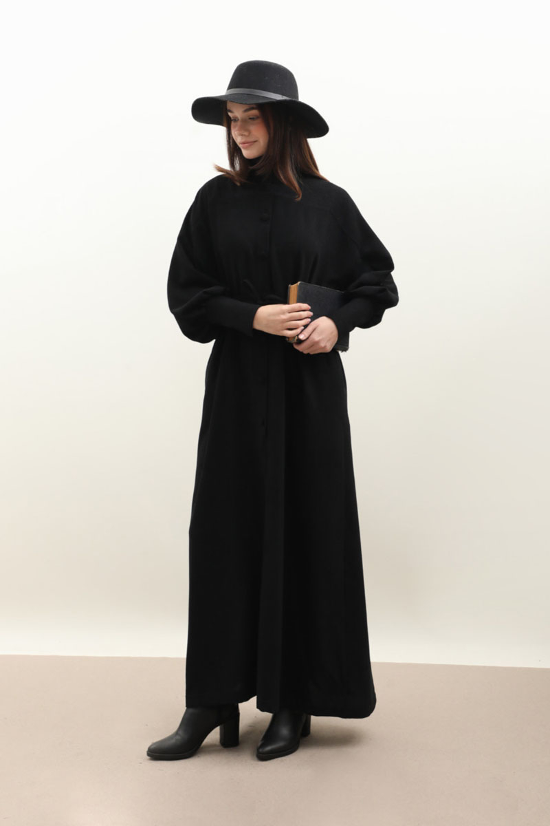 Dokulu Vintage Elbise Siyah