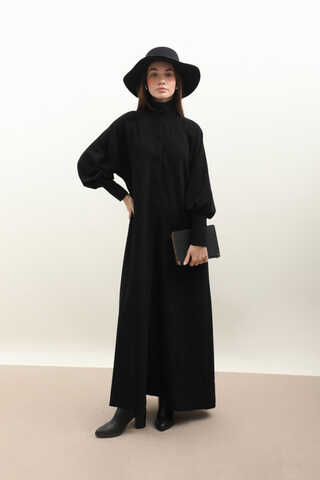 Dokulu Vintage Elbise Siyah - 2