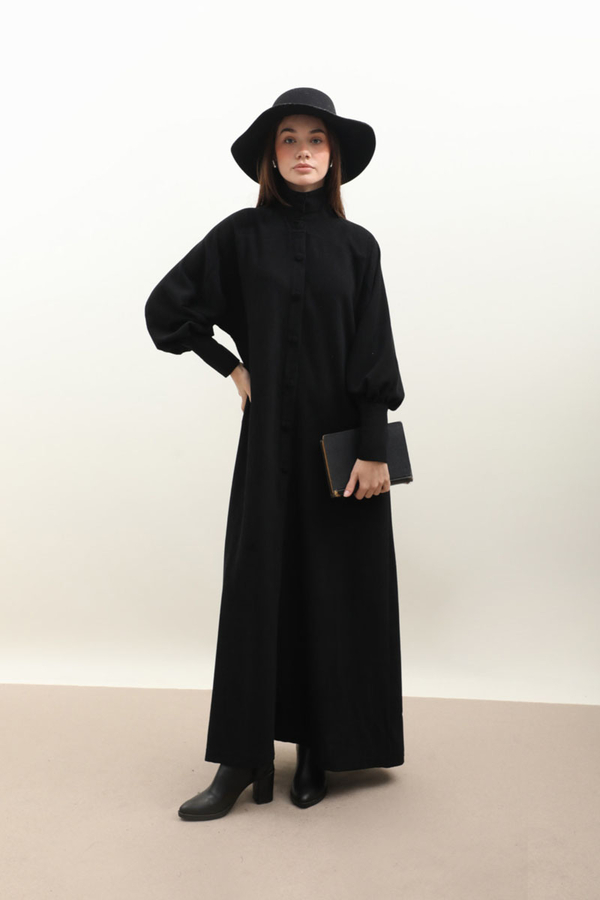 Dokulu Vintage Elbise Siyah - 2