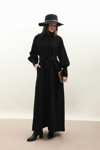 Dokulu Vintage Elbise Siyah - 4