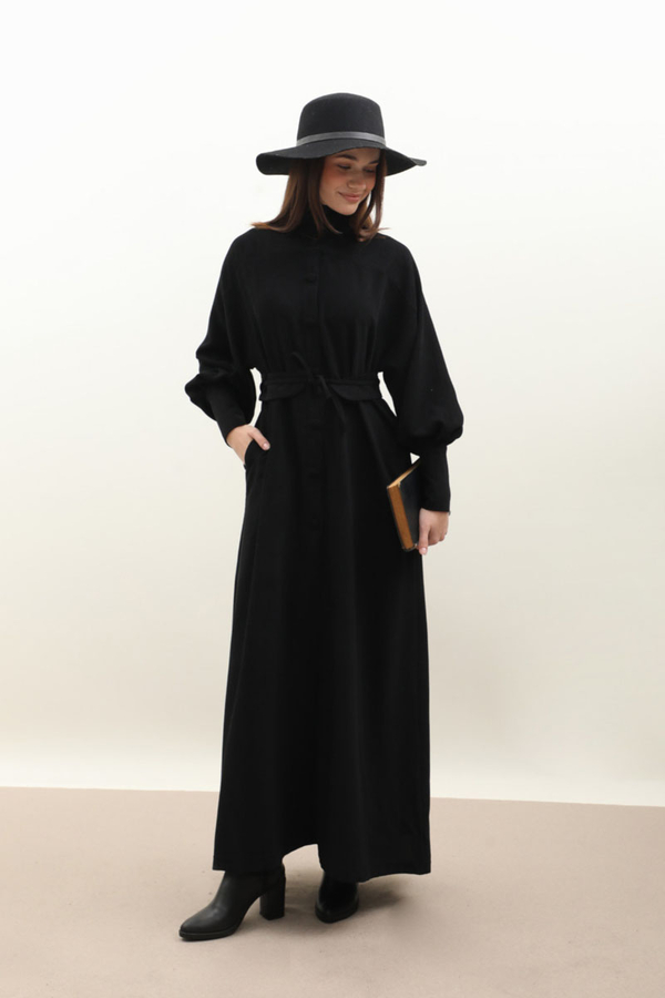 Dokulu Vintage Elbise Siyah - 4