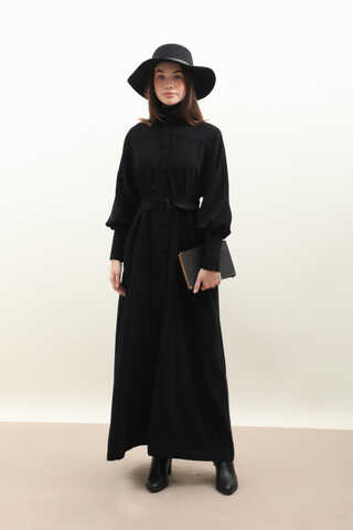 Dokulu Vintage Elbise Siyah - 5