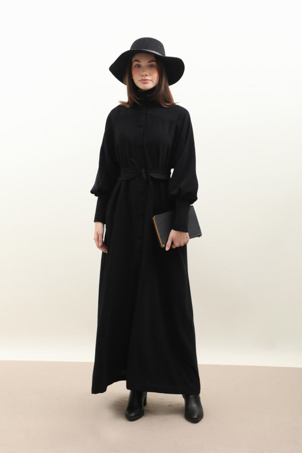 Dokulu Vintage Elbise Siyah - 5