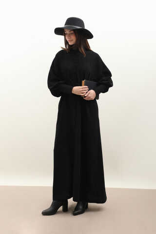 Dokulu Vintage Elbise Siyah - 1