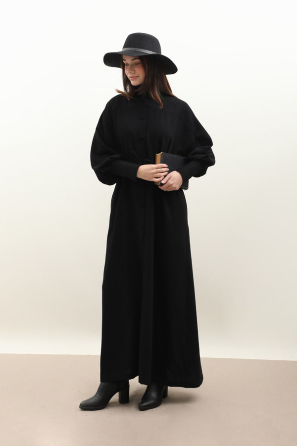 Dokulu Vintage Elbise Siyah 