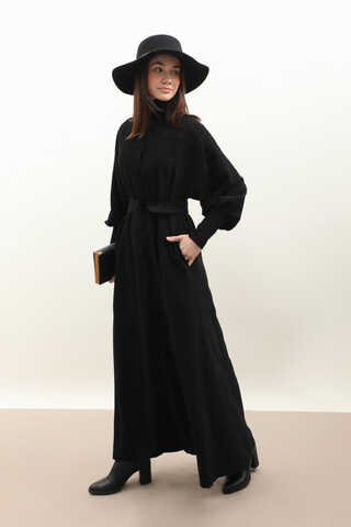 Dokulu Vintage Elbise Siyah - 6
