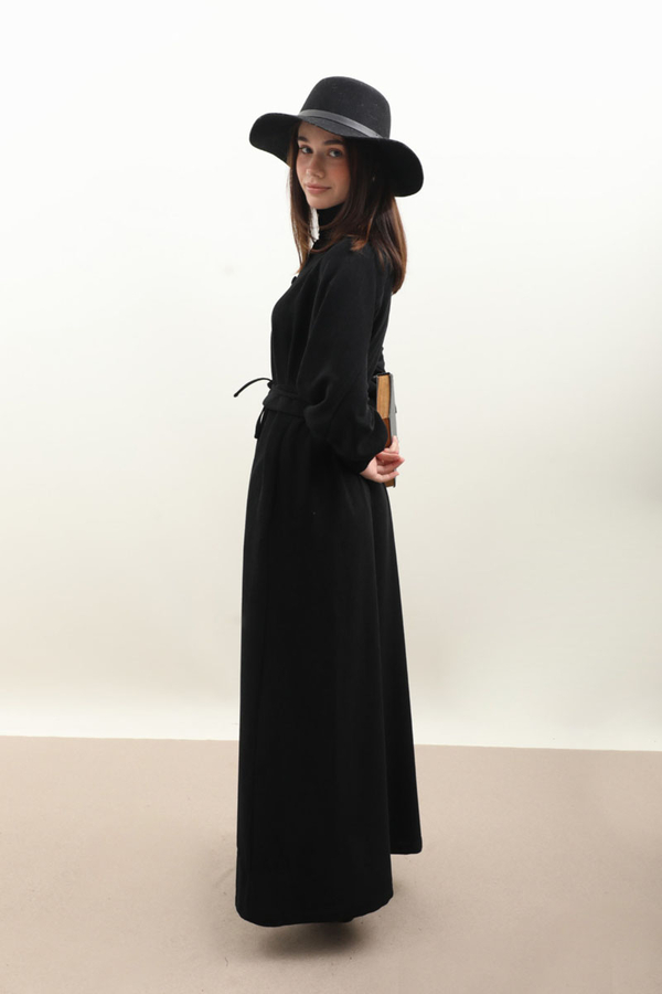 Dokulu Vintage Elbise Siyah - 7