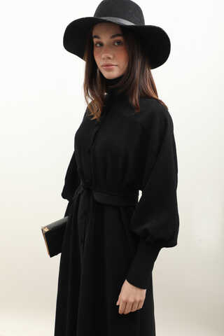 Dokulu Vintage Elbise Siyah - 9