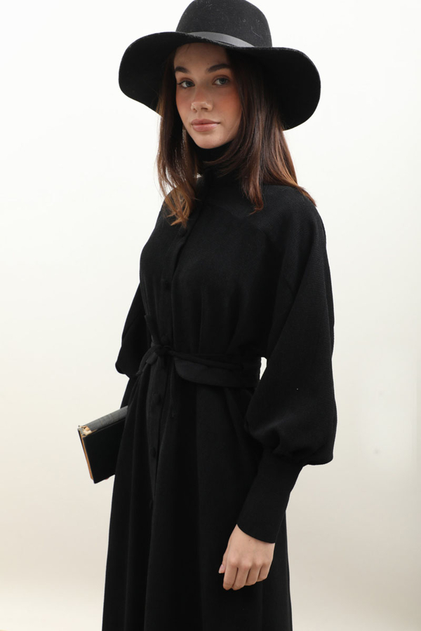 Dokulu Vintage Elbise Siyah - 9