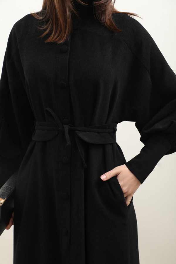 Dokulu Vintage Elbise Siyah - 10