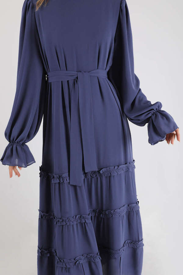 Dökümlü Fırfırlı Elbise Lacivert - 4
