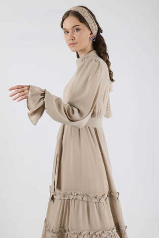 Dökümlü Fırfırlı Elbise Taş - 4