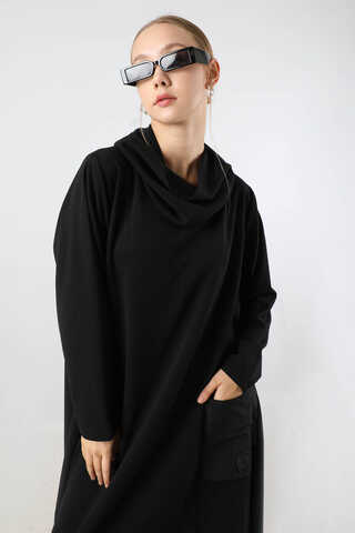 Dökümlü Yaka Tunik Elbise Siyah - 2