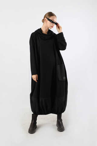 Dökümlü Yaka Tunik Elbise Siyah - 3