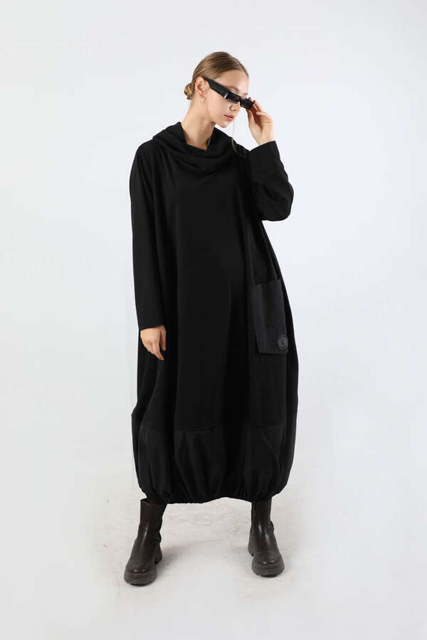 Dökümlü Yaka Tunik Elbise Siyah - 3