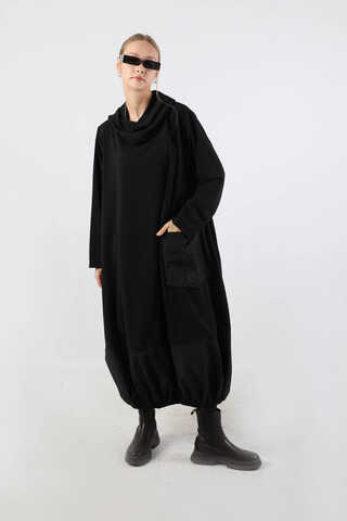 Dökümlü Yaka Tunik Elbise Siyah - 5